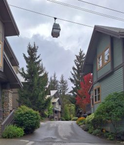 O telecabină deasupra caselor din Whistler